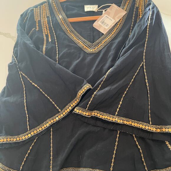Wrap London Godet Cotton Sequin Bell Sleeve V Neck Blouse Sz 6 Black Gold - Picture 9 of 10